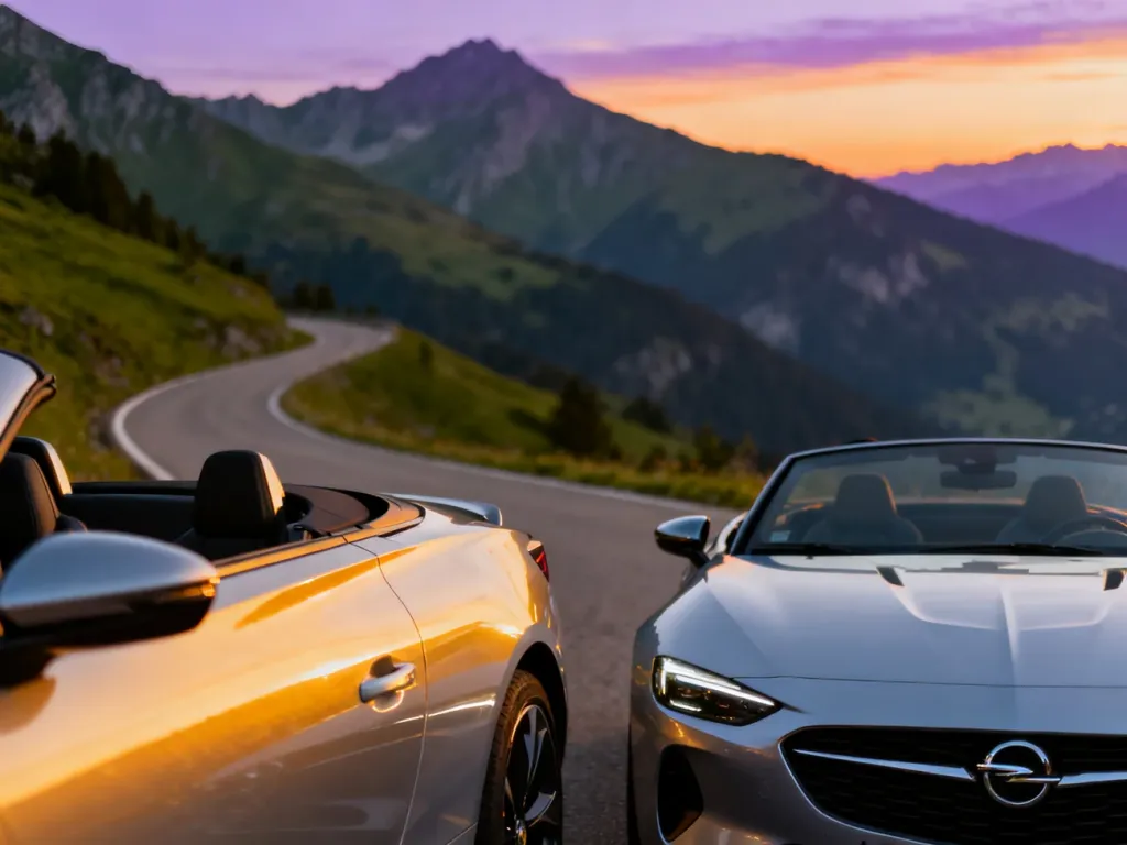 Srebrny Opel Speedster zaparkowany na krętej górskiej drodze podczas zachodu słońca, podkreślający sportowy design auta.