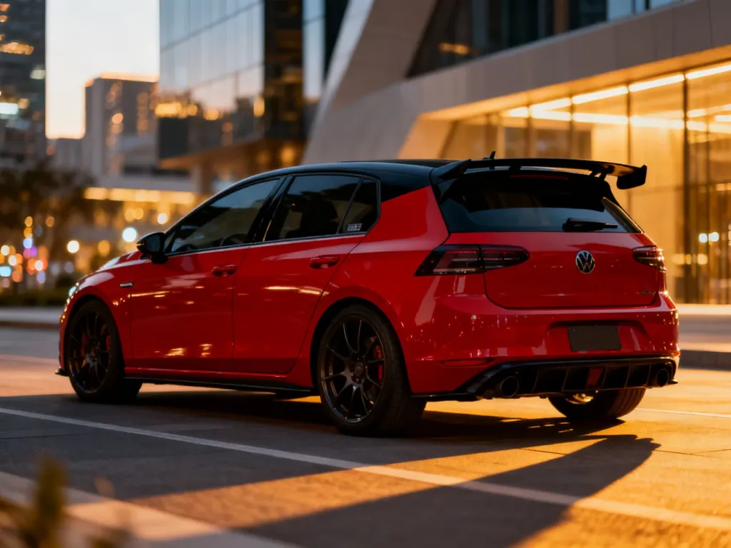 Czerwona Skoda Fabia Monte Carlo z czarnym dachem zaparkowana na tle nowoczesnej architektury w świetle zachodzącego słońca.