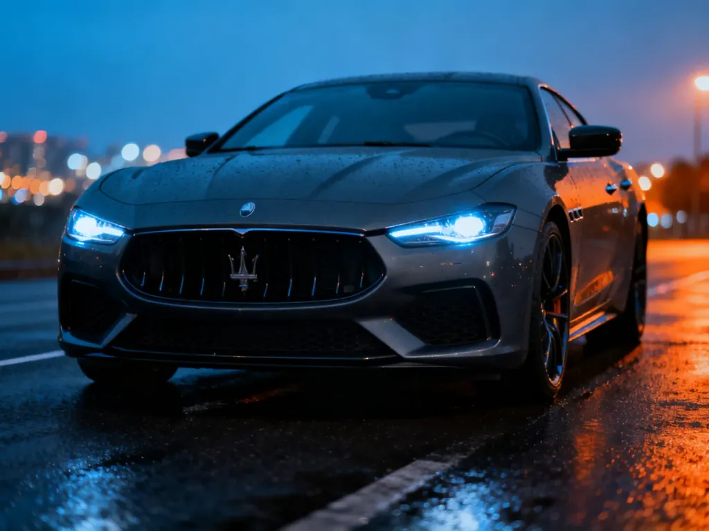 Ciemnoszary sedan Audi RS6 zaparkowany na mokrym asfalcie w miejskiej scenerii o zmierzchu.