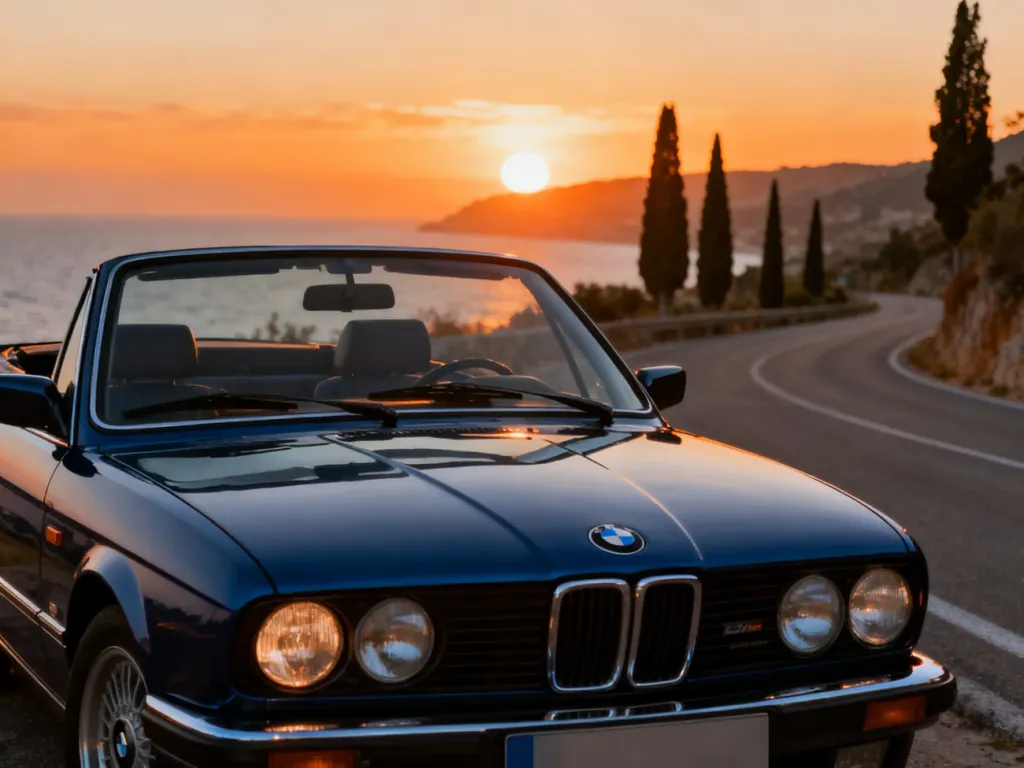 Klasyczne BMW E30 cabrio zaparkowane na malowniczej nadmorskiej drodze podczas zachodu słońca.