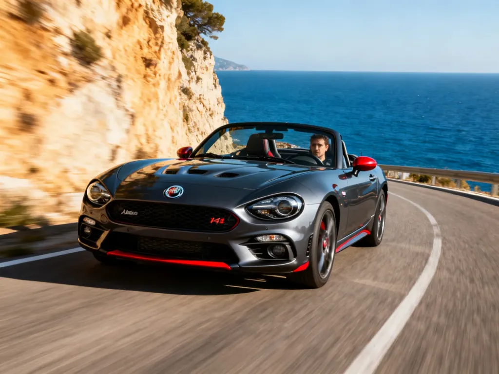 Sportowy Abarth 124 spider jadący szybko nadmorską drogą w słoneczny dzień.