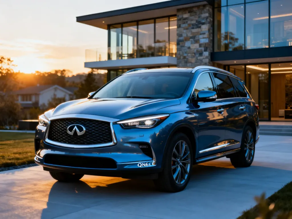 Nowoczesny SUV Infiniti QX60 zaparkowany na podjeździe luksusowej rezydencji w świetle zachodzącego słońca.