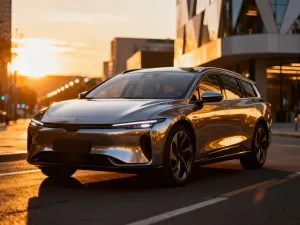Srebrna Toyota Grand Highlander zaparkowana na malowniczej nadmorskiej trasie podczas zachodu słońca.