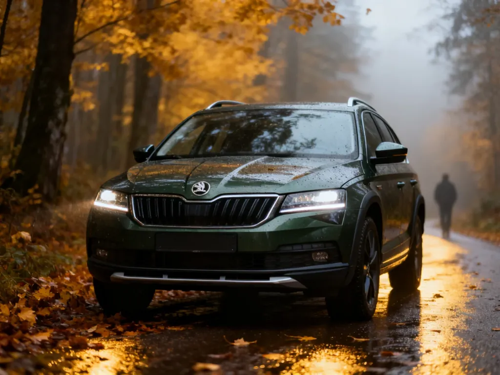 Ciemnozielona Skoda Superb Scout zaparkowana na wilgotnej, leśnej drodze w jesiennej scenerii.