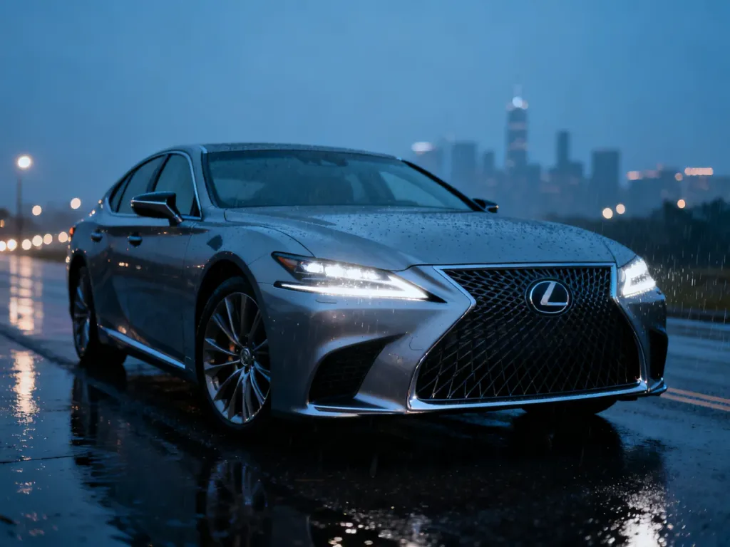 Lexus LS500 zaparkowany na mokrym asfalcie o zmierzchu, z widocznym charakterystycznym grillem i reflektorami LED.