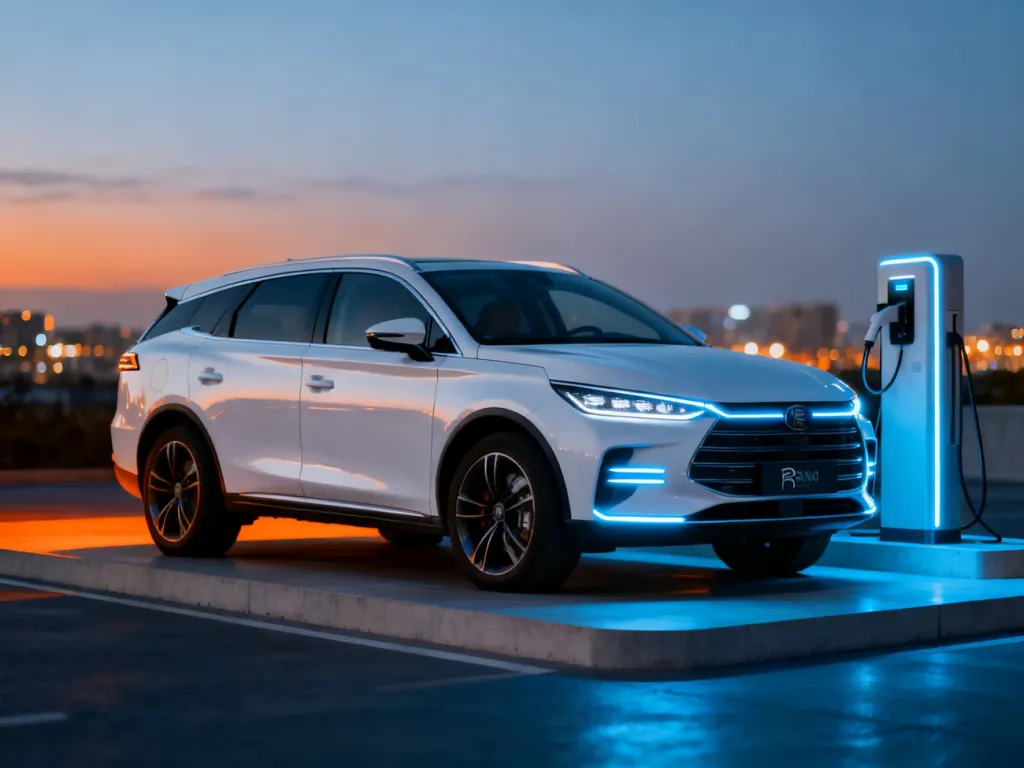 Biały elektryczny SUV BYD Tang zaparkowany przy stacji ładowania na tle rozmytego krajobrazu miejskiego o zmierzchu.