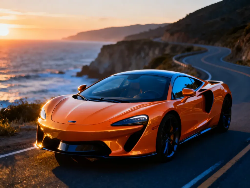 Pomarańczowy McLaren GT zaparkowany na krętej nadmorskiej drodze podczas zachodu słońca.