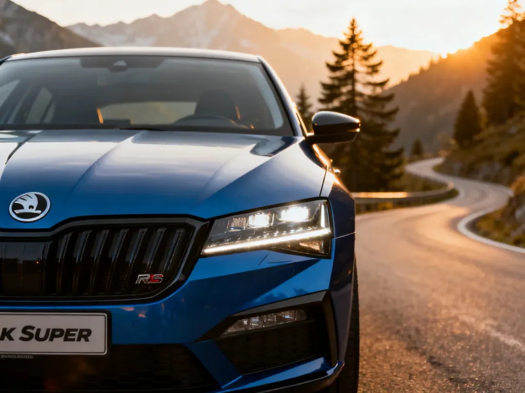 Niebieska Skoda Superb RS zaparkowana na krętej górskiej drodze w świetle zachodzącego słońca.