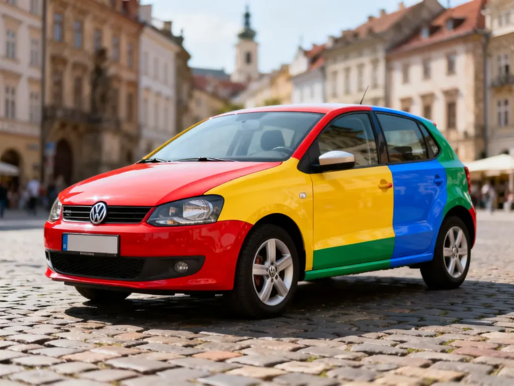 Wielokolorowy Volkswagen Polo Harlekin zaparkowany na brukowanej ulicy starego europejskiego miasta.