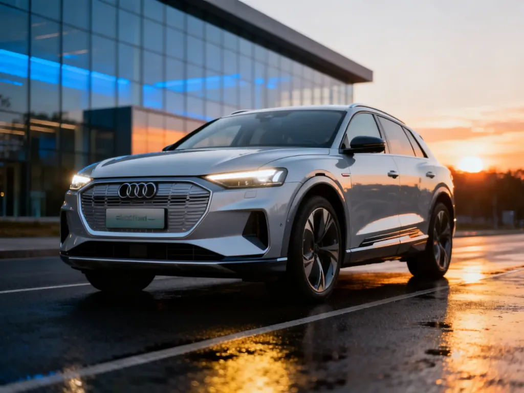 Srebrne Audi Q6 e-tron zaparkowane na mokrym asfalcie o zmierzchu, z wyeksponowanymi nowoczesnymi reflektorami LED.