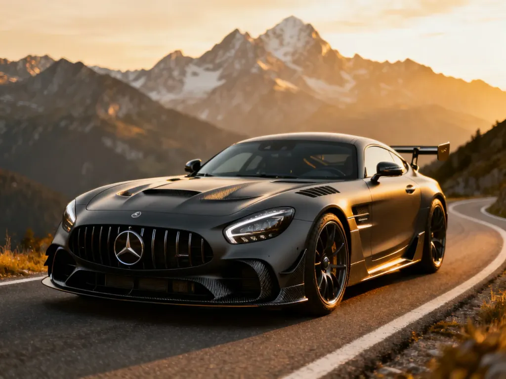 Matowy Mercedes AMG GT Black Series z karbonowym pakietem aerodynamicznym zaparkowany na górskiej drodze o zachodzie słońca.
