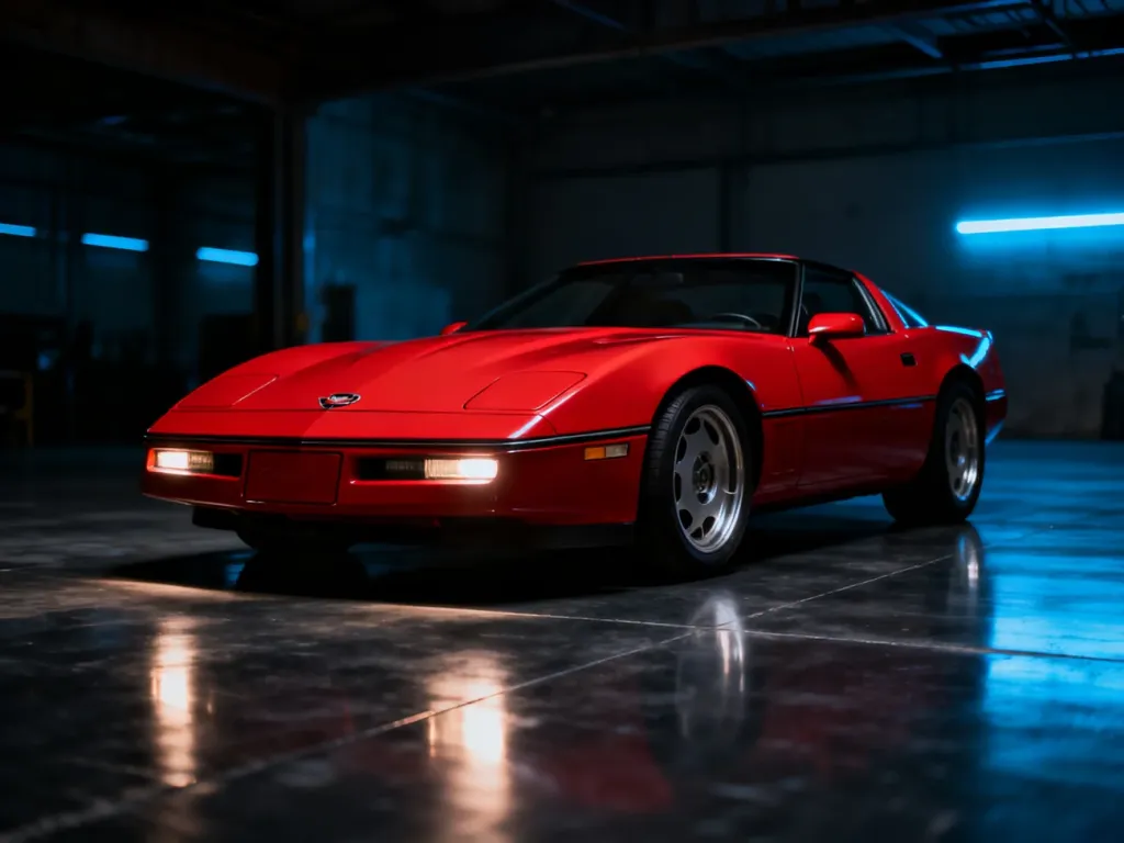 Czerwony Chevrolet Corvette C4 w profesjonalnym studiu o industrialnym klimacie, podkreślającym jego sportową sylwetkę.
