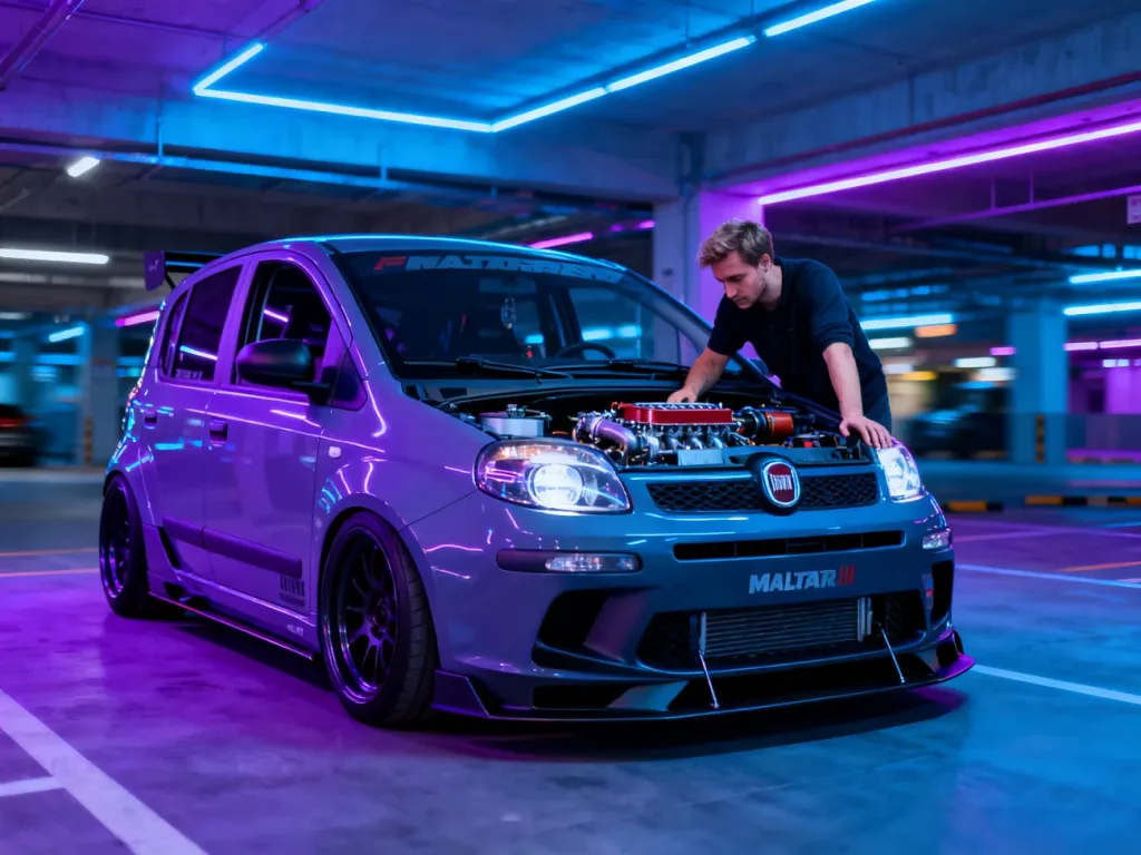 Zmodyfikowany Fiat Multipla z agresywnym body kitem i obniżonym zawieszeniem, zaparkowany w nowoczesnym garażu.