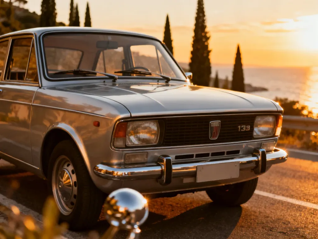 Srebrny Fiat 131 zaparkowany na włoskim wybrzeżu w blasku zachodzącego słońca. Klasyczny sedan w malowniczej scenerii.
